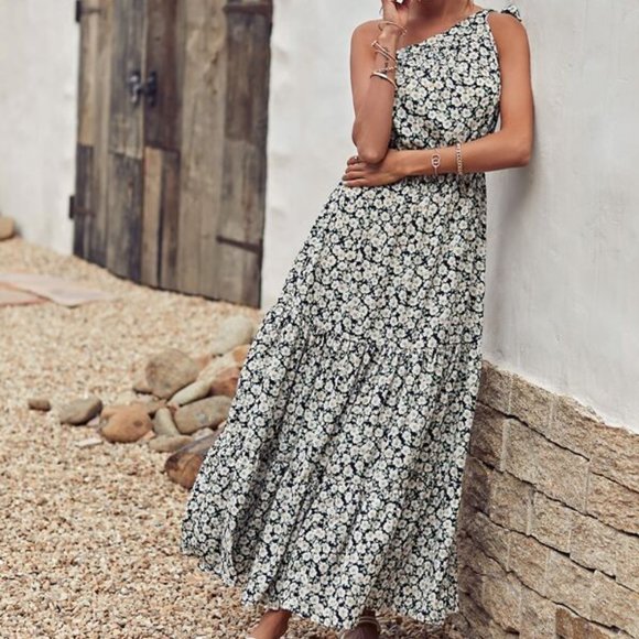 Allover Floral One Shoulder A-line Dress - Picture 4 of 11